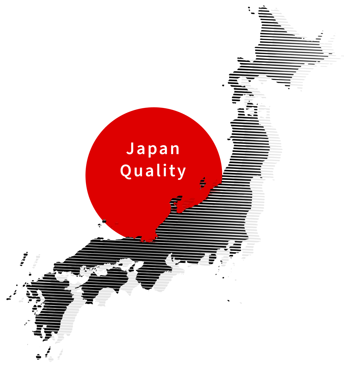 Stylized map of Japan with horizontal lines and a red circle over the center labeled 'Japan Quality'.