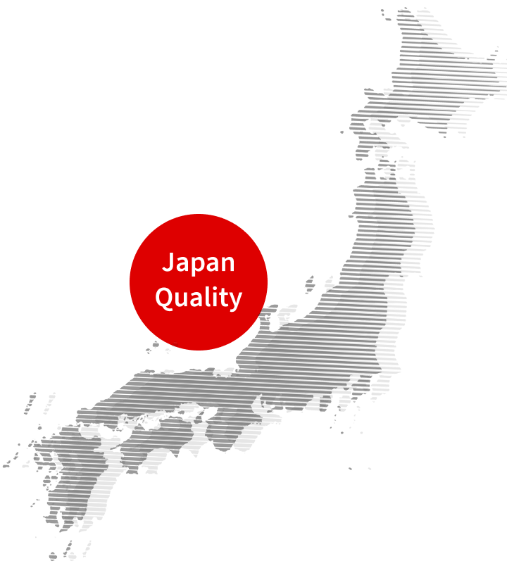 Stylized map of Japan with horizontal lines and a red circle over the center labeled 'Japan Quality'.