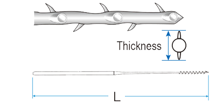 Diagram of a barbed broach instrument showing barbs along its shaft, labeled dimensions for thickness and length (L), and a cross-sectional view.