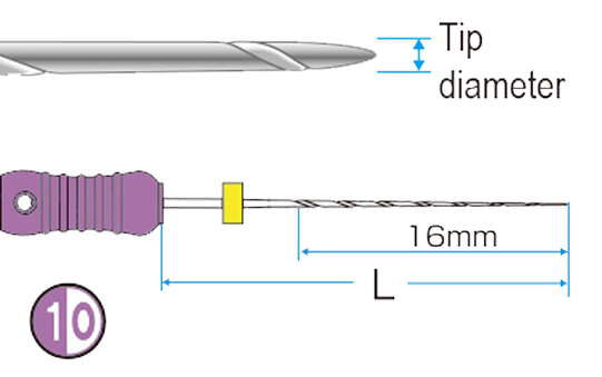 Diagram of an endodontic file with a twisted flute design. The diagram labels the tip diameter, length (L), and 16mm working length. Handle marked with size 10