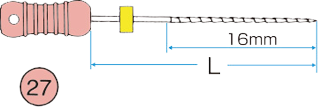 Illustration of an endodontic file, handle marked with size 27. Diagram shows overall length (L) and 16mm working length.