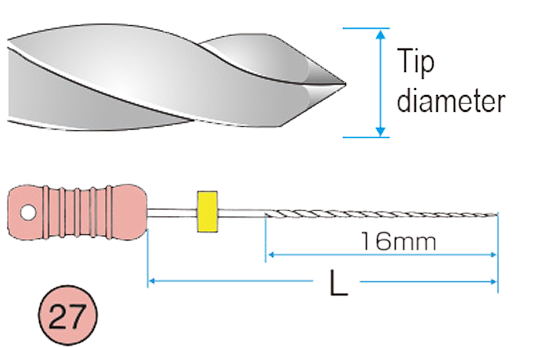 Diagram of an endodontic file with a twisted flute design. The diagram labels the tip diameter, length (L), and 16mm working length. Handle marked with size 27