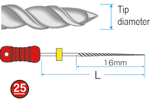 Diagram of an endodontic file with a twisted flute design. The diagram labels the tip diameter, length (L), and 16mm working length. Handle marked with size 25