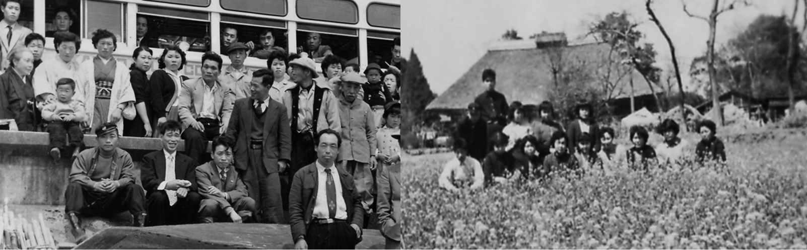 Two black-and-white historical photographs: one showing a large group of people posing near a bus, and the other depicting a group of individuals sitting in a field with traditional houses in the background.