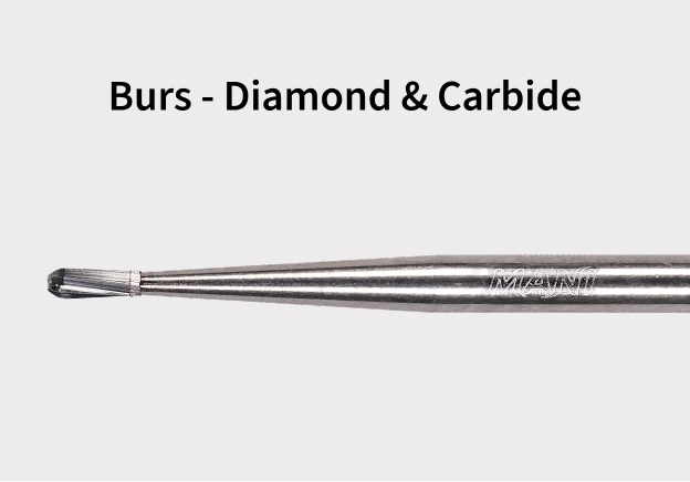 Close-up image of a dental bur with metal shaft, labeled 'Burs - Diamond & Carbide'.