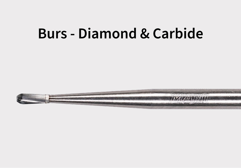 Close-up image of a dental bur with metal shaft, labeled 'Burs - Diamond & Carbide'.