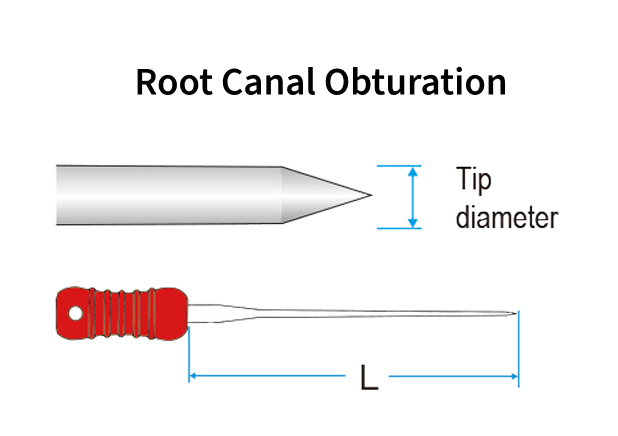 Diagram of a root canal obturation instrument with red handle and tapered metal tip, showing tip diameter and length (L) dimensions.
