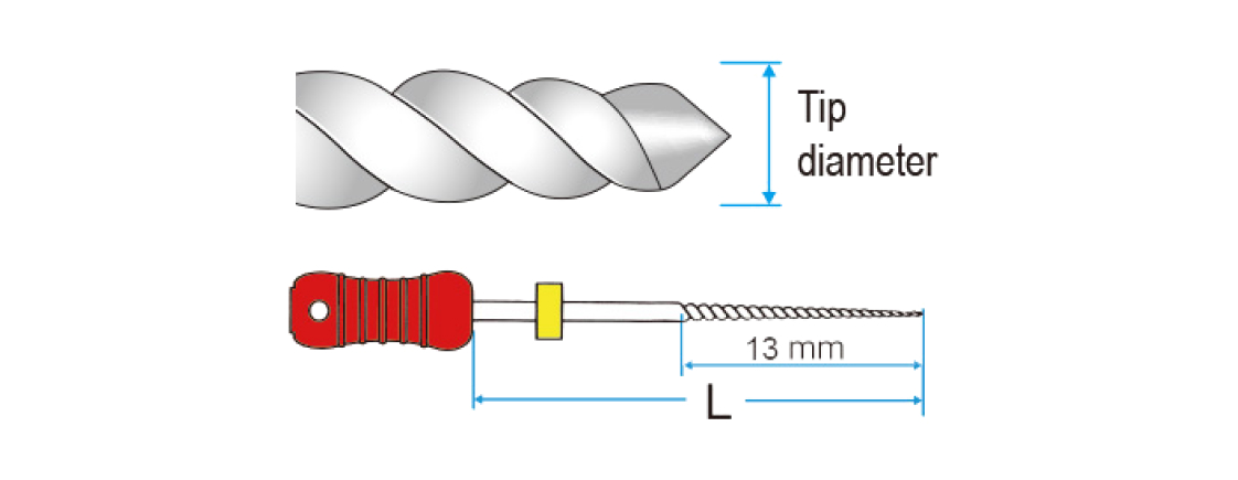Illustration showing dental file with pointed tip, labeled tip diameter and length (L), handle marked with number 25.