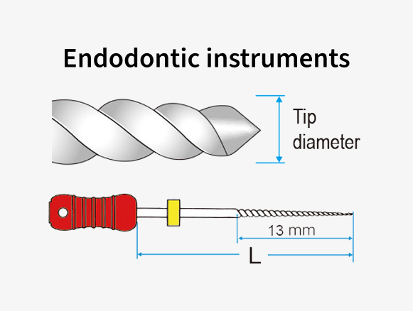 Diagram of an endodontic instrument showing a twisted cutting tip and red handle, with labeled dimensions for tip diameter and length.