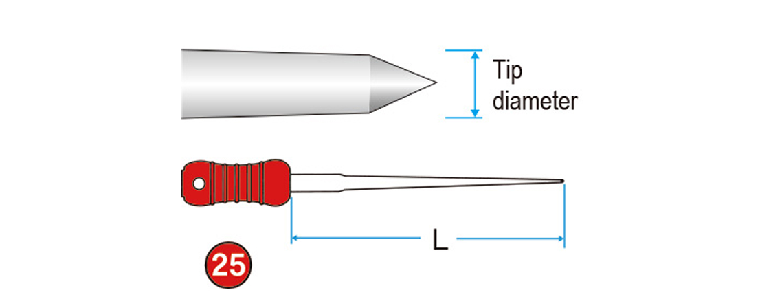 Illustration showing dental file with pointed tip, labeled tip diameter and length (L), handle marked with number 25.
