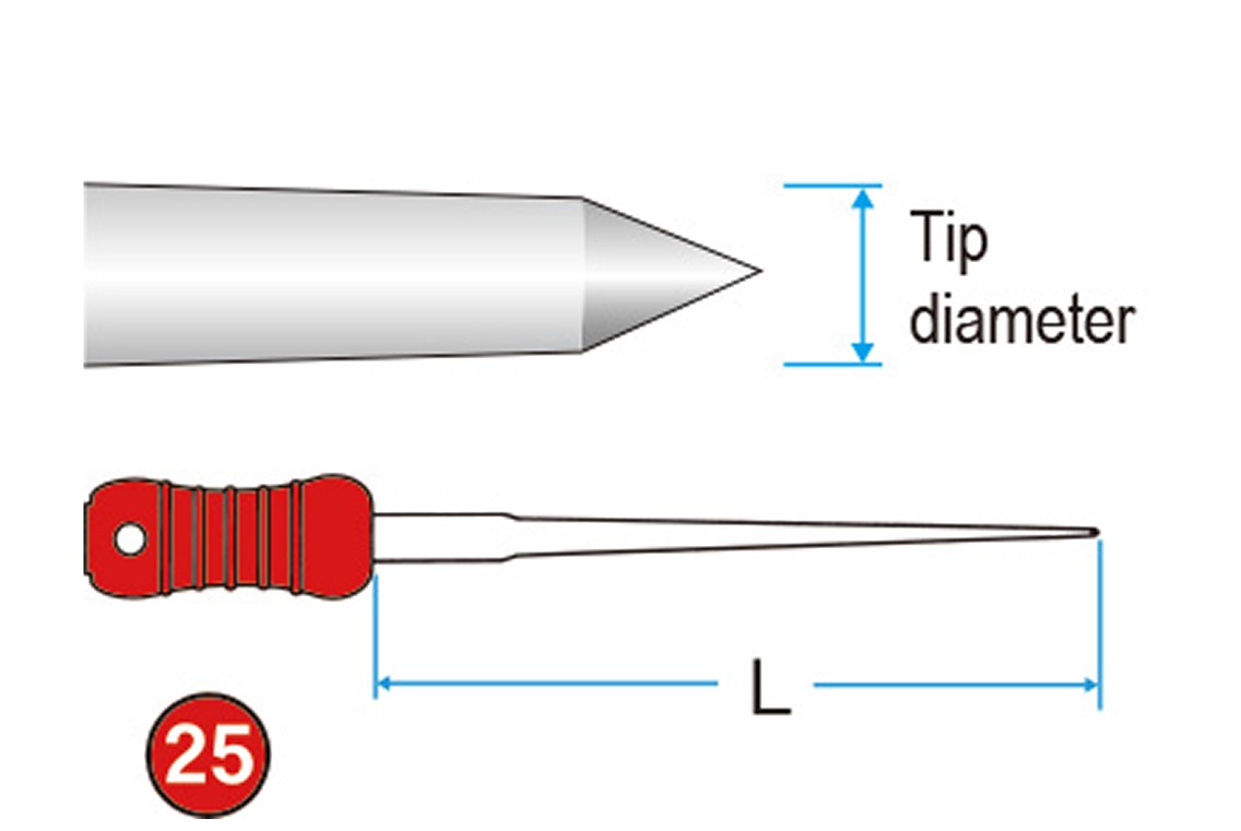 Illustration showing dental file with pointed tip, labeled tip diameter and length (L), handle marked with number 25.