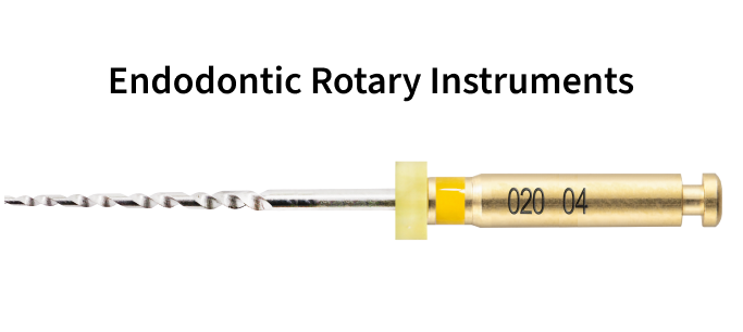 Endodontic rotary instrument with gold-colored handle, labeled '020 04', used in root canal treatments