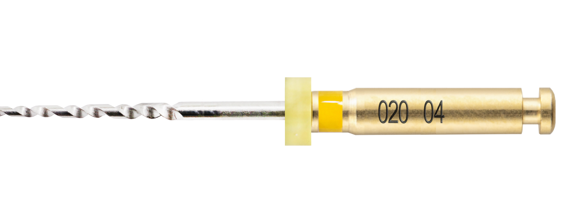 Endodontic rotary instrument with gold-colored handle, labeled '020 04', used in root canal treatments