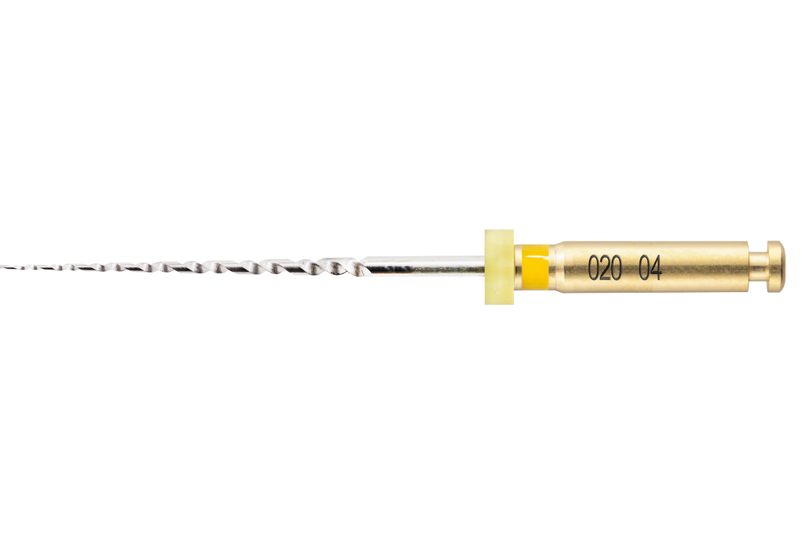 Endodontic rotary instrument with gold-colored handle, labeled '020 04', used in root canal treatments
