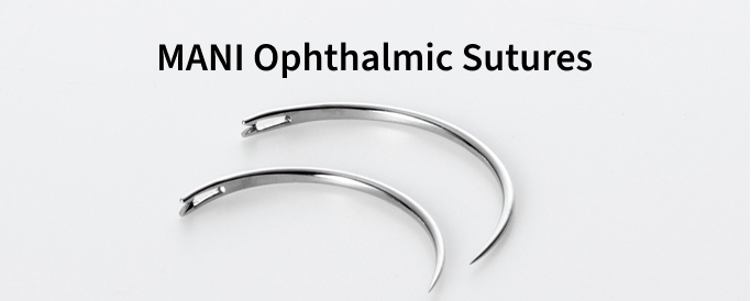 Two MANI Ophthalmic Sutures, curved surgical needles for eye surgery, displayed on a white background