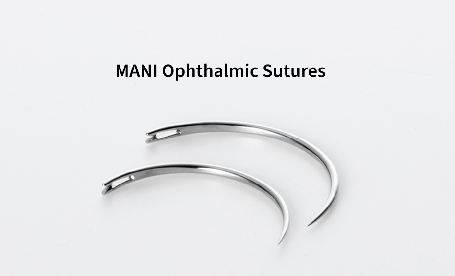 Two MANI Ophthalmic Sutures, curved surgical needles for eye surgery, displayed on a white background