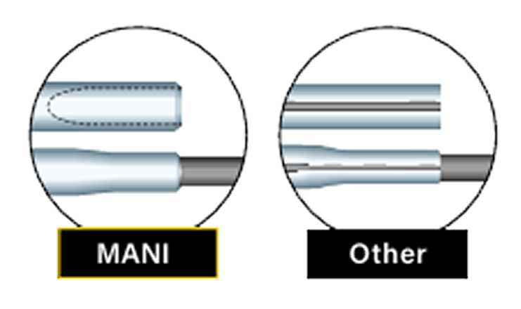 Comparison of suture needle swage: MANI smooth and precise finish versus Other uneven and rough finish
