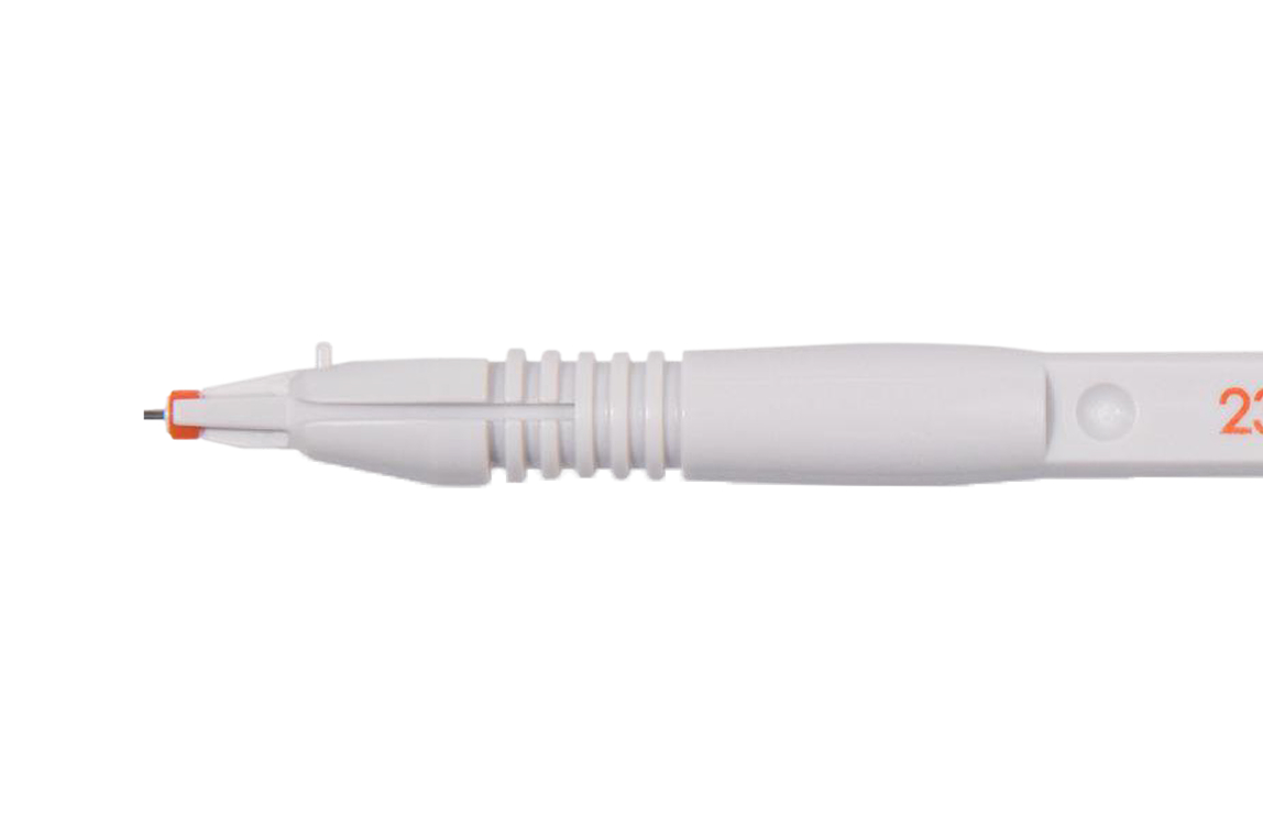 White disposable surgical knife labeled 23G, with exposed blade tip