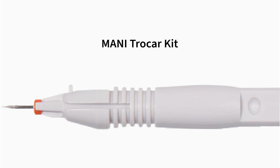 MANI Trocar Kit — white surgical tool labeled 23G with a sharp exposed tip.