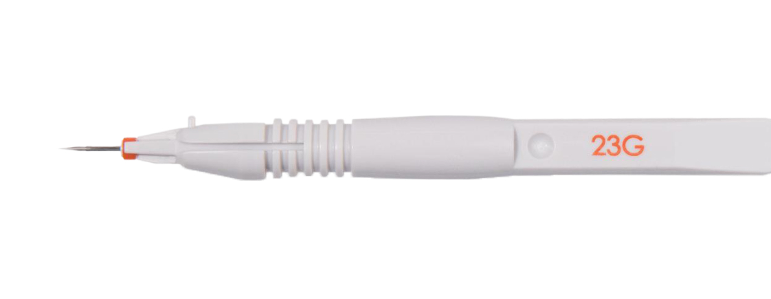 White disposable surgical knife labeled 23G, with exposed blade tip